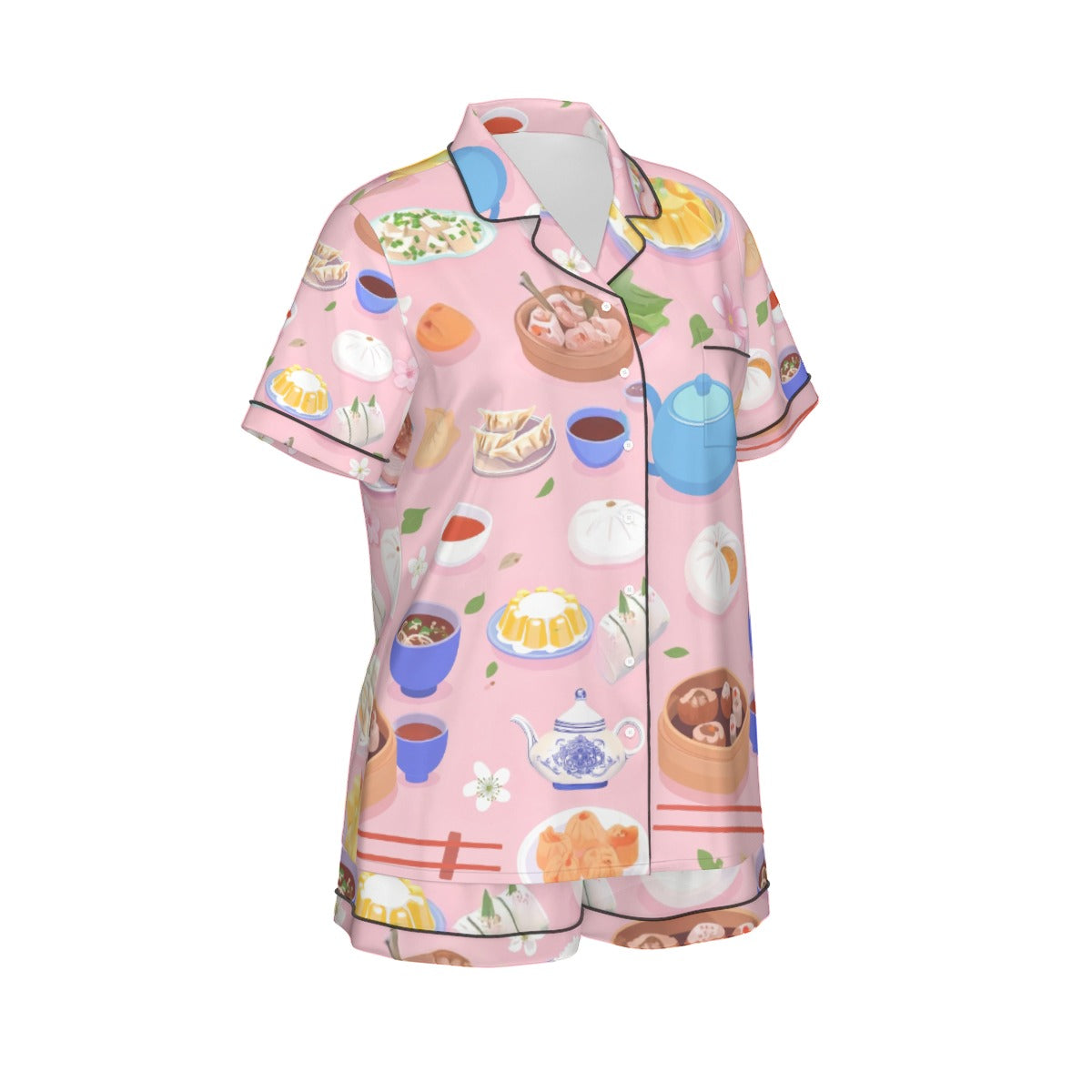 All-Over Print Women's Imitation Silk Pajama Set With Short Sleeve