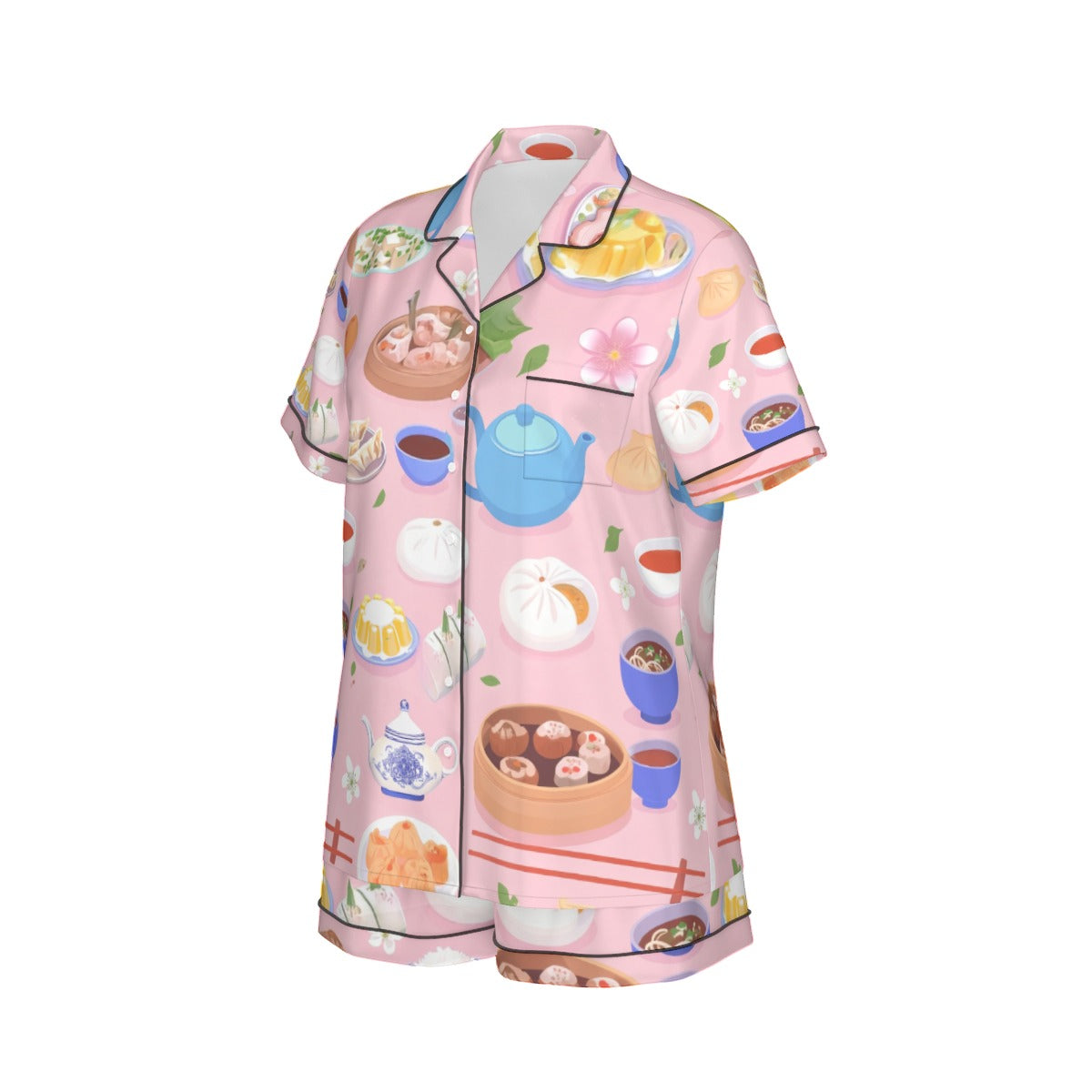 All-Over Print Women's Imitation Silk Pajama Set With Short Sleeve