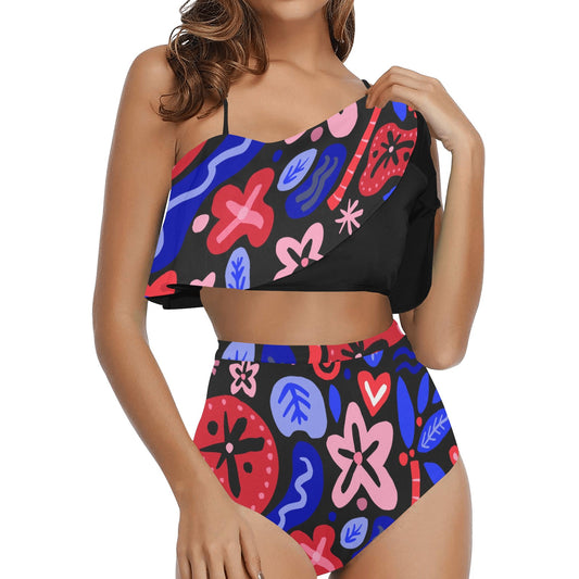 High-Waisted Cropped Tankini - Cherry/Blue