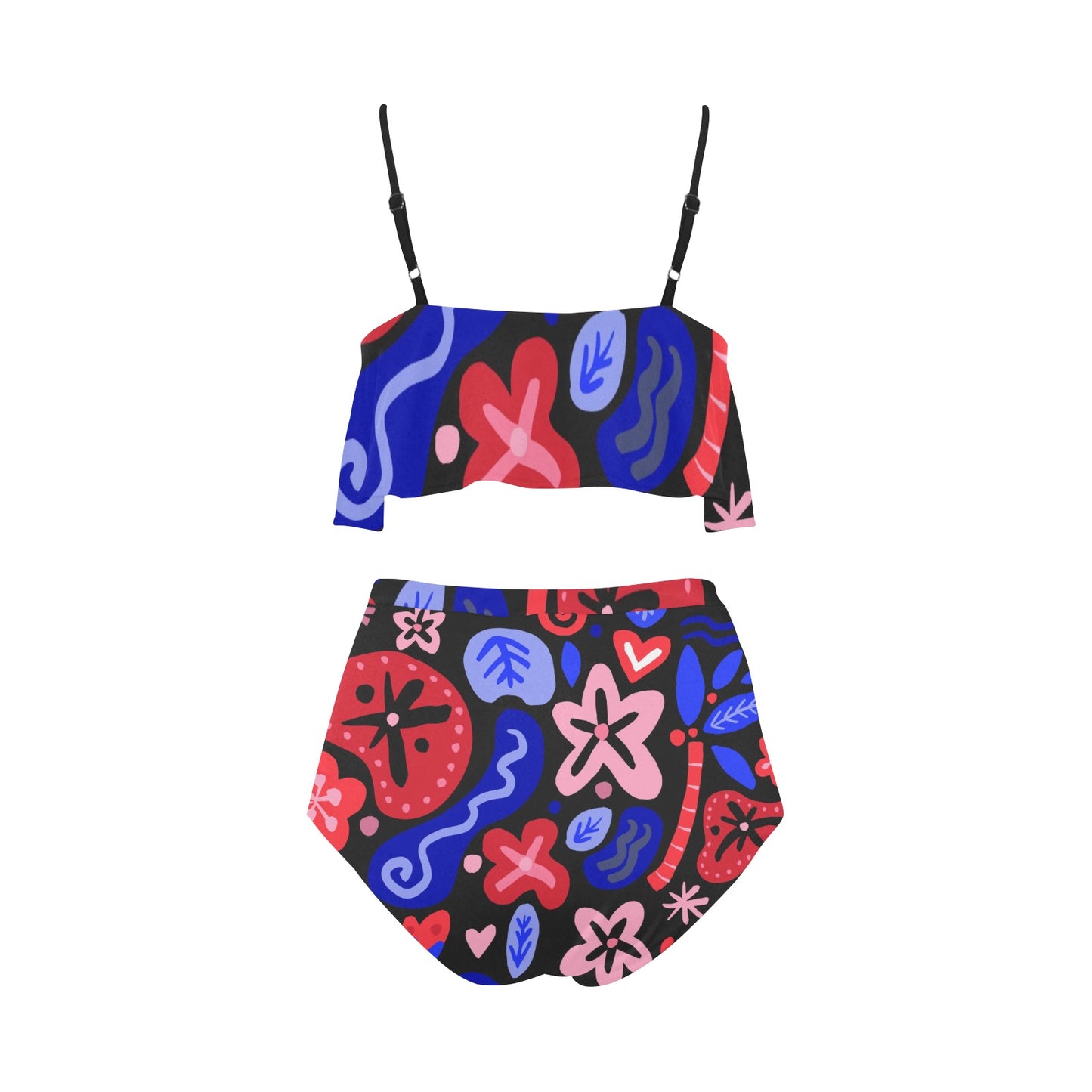 High-Waisted Cropped Tankini - Cherry/Blue