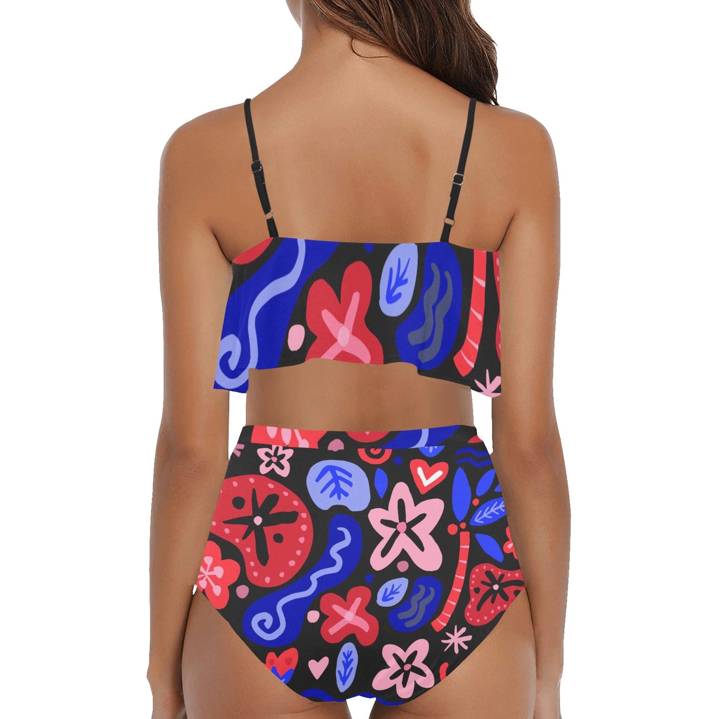 High-Waisted Cropped Tankini - Cherry/Blue