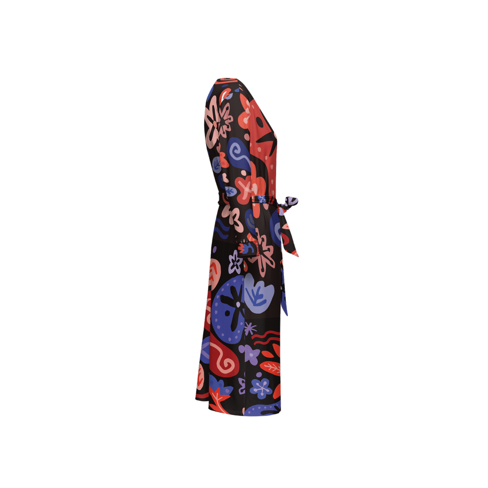 Abstract Botanicals – ¾ Sleeve Wrap Dress – Cherry Blue