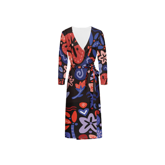 Abstract Botanicals – ¾ Sleeve Wrap Dress – Cherry Blue