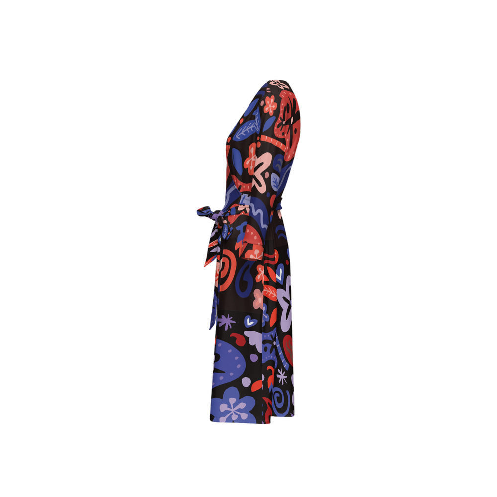 Abstract Botanicals – ¾ Sleeve Wrap Dress – Cherry Blue