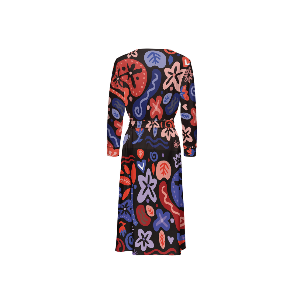 Abstract Botanicals – ¾ Sleeve Wrap Dress – Cherry Blue