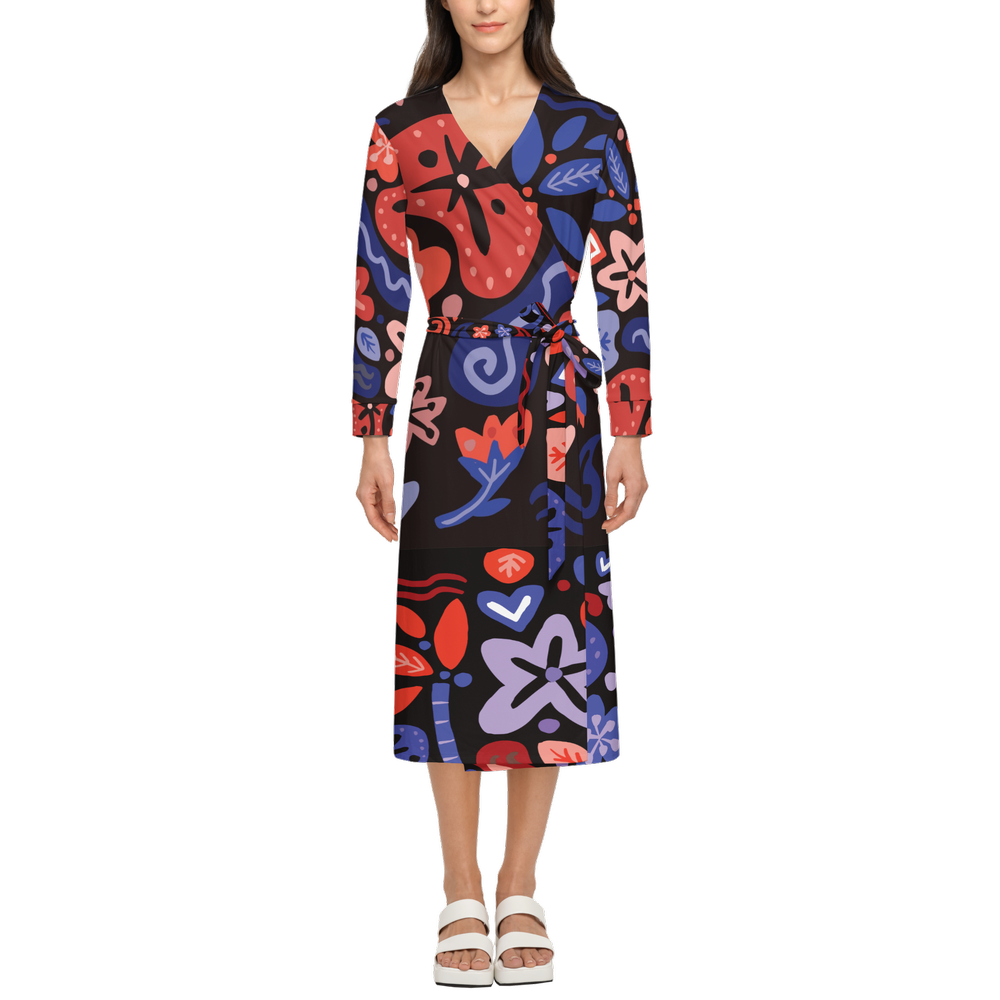 Abstract Botanicals – ¾ Sleeve Wrap Dress – Cherry Blue