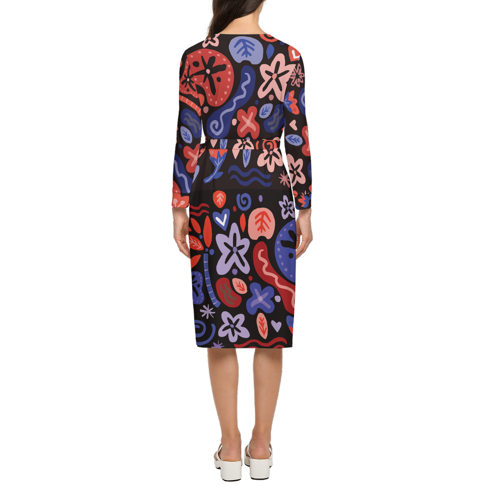 Abstract Botanicals – ¾ Sleeve Wrap Dress – Cherry Blue